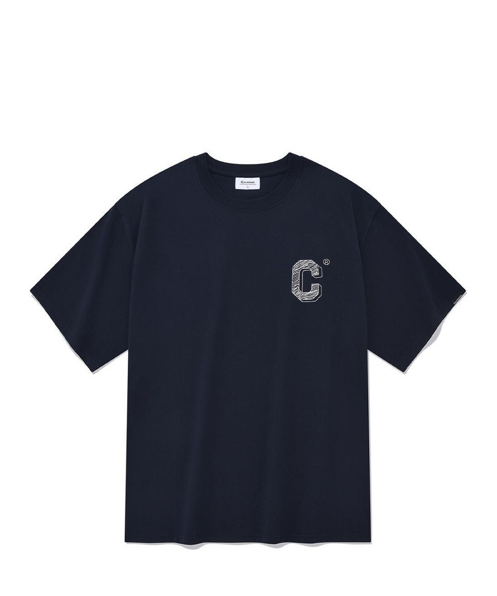드로잉 C 로고 자수 티셔츠 네이비